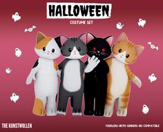 three stuffed cats standing next to each other in front of a pink background with ghostes