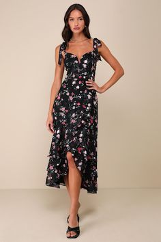 Everyone will be in awe of your charming style when you step onto the scene in the Lulus So Elevated Black Floral Jacquard Tie-Strap High-Low Midi Dress! Airy woven chiffon boasts a vibrant floral print and tonal floral jacquard design as it shapes a princess-seamed bodice, a sweetheart neckline (with a notched detail and a supportive V-bar), and long straps that tie at the shoulders. The high, fitted waist tops a skirt with a faux wrap-style silhouette, tiered ruffled details, and a high-low mi Knot Tie Dress, Bride Vibes, Midi Dress Floral, High Low Midi Dress, Jacquard Design, Floral Jacquard, Tie Dress, Floral Midi Dress, Dress 100