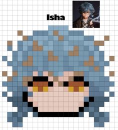 the face of an anime character with blue hair and yellow eyes is shown in pixellated squares