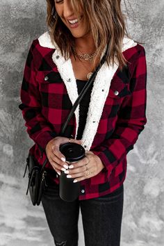 Throw this fleece lined jacket over any piece to spice up a basic tee or add warmth to that trendy top! Buffalo Plaid Jacket, Plaid Shacket, Flannel Jacket, Collared Coat, Button Jacket, Coat Outfits, Red And Black Plaid, Plaid Jacket, Sherpa Lined