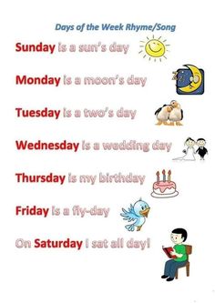 the days of the week in english and spanish with pictures of animals, birds, and people