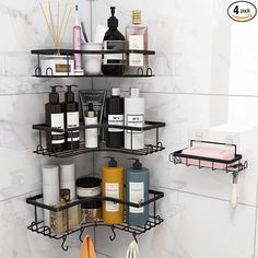 the bathroom shelves are organized with different items