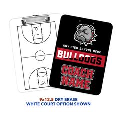 a clipboard with an image of a basketball court and the words bulldogs coach name on it