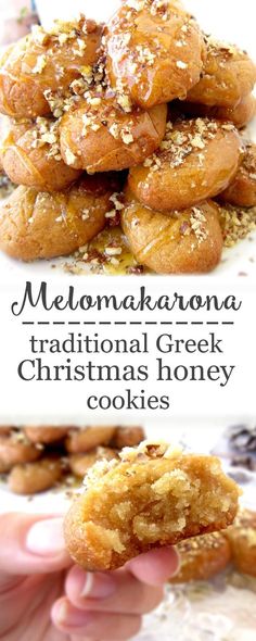 a pile of cookies sitting on top of each other with the words meloma kahanana traditional greek christmas honey cookies