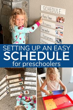 several pictures with words and pictures on them that say, setting up an easy schedule for preschool