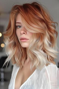 Platinum Blonde Balayage On Red Hair, Outfit Ideas Ginger Hair, Auburn Hair With Blonde Highlights Short, Blonde Balayage With Red, Blond With Color, Fiery Outfits, Red Blonde Hair Balayage, From Red Hair To Blonde, Red Hair Blonde Balayage