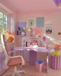 a child's room with pink walls and pastel decor on the walls, including a desk