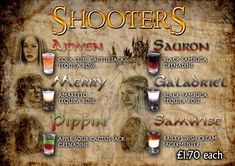 an old poster with different shots and names for various types of alcoholic beverages on it