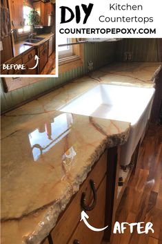 before and after photos of a kitchen countertop that has been painted with white marble