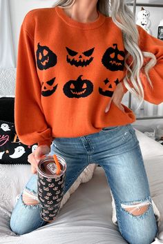 Carvin' Pumpkins Knit Halloween Sweater (Pumpkin) – NanaMacs Pull Orange, Sweater Pumpkins, Oversized Sleeves, Unique Sweaters, Matching Halloween, Cozy Knit Sweater, Halloween Sweater, Round Neck Sweater, Stil Elegant