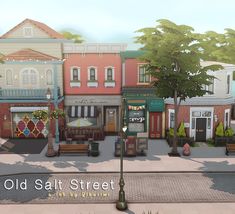 an animated city street scene with buildings and shops on the side walk, trees in the foreground