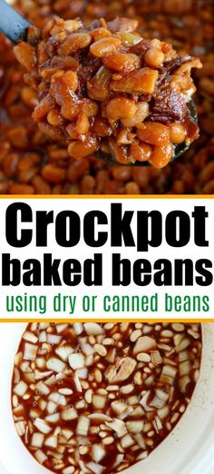 crockpot baked beans in a white bowl with text overlay