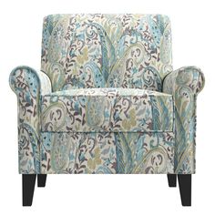 a blue and green chair with an ornate pattern on the armrests, sitting in front of a white background