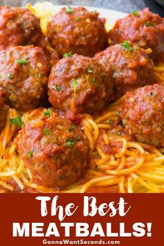 spaghetti and meatballs with the words, the best meatballs on it's plate