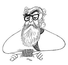 a black and white drawing of a bearded man with glasses on his head, sitting at a table