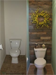 two pictures side by side one has a toilet and the other has a wreath with flowers on it