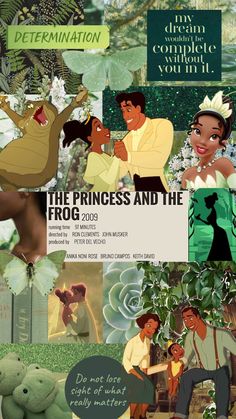 the princess and the frog collage is featured in this image with many different scenes