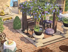 an animated image of a patio with potted plants