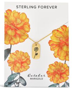 a yellow flower necklace on a card with the words sterling forever written in gold lettering