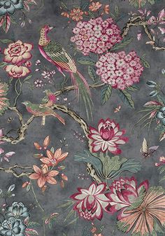 a gray background with flowers and birds on it