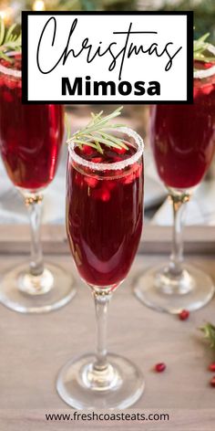 Christmas Mimosa in a champagne flute with a sugar rimmed glass and sprig of rosemary on top. Christmas Mimosa Recipe, Christmas Morning Mimosa, Christmas Mimosas, Pomegranate Mimosa, Xmas Drinks, Christmas Punch Recipes, Mimosa Recipe, Brunch Drinks