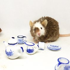 a mouse sitting on top of a table next to teapots and cups with blue designs