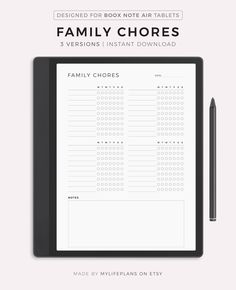 the family chores book is shown on top of a tablet with a pen next to it