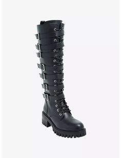 Black Multi-Buckle Knee-High Combat Boots Grunge Boots With Buckle Closure For Fall, Alternative Style Moto Boots With Buckle Closure For Fall, Punk Style Lace-up Boots With Buckle For Fall, Knee-high Moto Boots For Fall Concerts, Edgy Lace-up Boots With Buckle Closure For Fall, Fall Concert Knee-high Moto Boots, Alternative Style Knee-high Moto Boots For Fall, Knee-high Punk Combat Boots For Fall, Knee-high Rivet Boots For Concerts