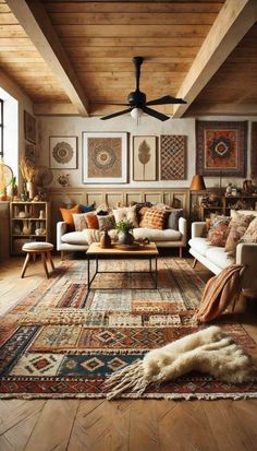 a living room filled with lots of furniture and art hanging on the wall above it