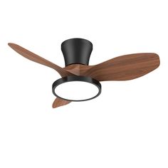 a black ceiling fan with wooden blades and a light on the bottom half of it