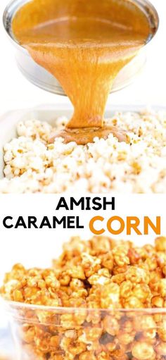 caramel corn is being drizzled with caramel sauce