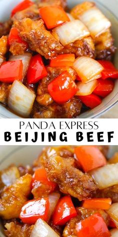 two pictures of panda express beef and vegetables in a bowl with the title above it