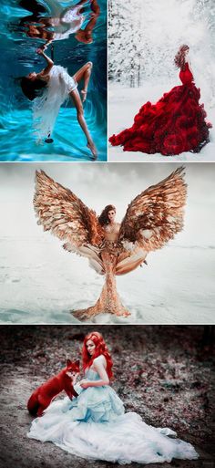 four different pictures with the same woman in red and white dress sitting on snow covered ground