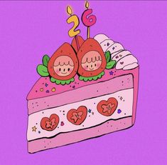 a piece of cake with two little monkeys on top and candles in the shape of hearts