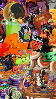 a table topped with lots of halloween treats