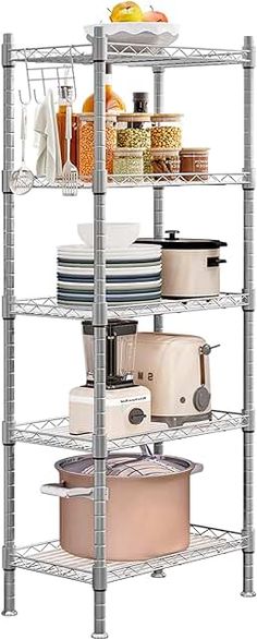 three tiered shelving unit with pots and pans