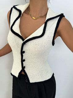 Women's Casual Colorblock Trim Lapel Sweater Vest, Fall Multicolor Casual   Knitwear Colorblock  Medium Stretch  Women Clothing, size features are:Bust: ,Length: ,Sleeve Length: Hand Knit Vest, Korean Clothing Brands, Casual Knitwear, Knit Leggings, Hipster Fashion, Inspiration Mode, Knit Vest, Korean Outfits