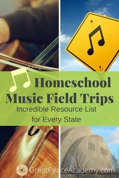 the cover of homeschool music field trips is shown in three different pictures, including a yellow sign with musical notes on it