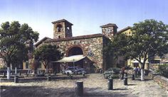 an artist's rendering of a church with cars parked in front and people standing outside