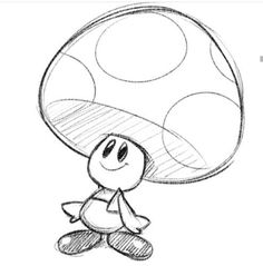 a drawing of a mushroom sitting on the ground with its head in it's hands