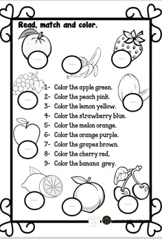 the worksheet for reading and coloring with fruits, berries, and other things