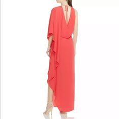 Brand New With Tag Red Pre-draped Maxi Dress, Red Pre-draped Maxi Dress For Party, Red Draped Evening Dress, Red Draped Dress For Evening, Red Draped Maxi Dress For Party, Spring Dinner Maxi Dress With Ruffles, Dinner Maxi Dress With Ruffles, Red Pre-draped Maxi Dress For Evening, Pre-draped Red Maxi Dress For Evening