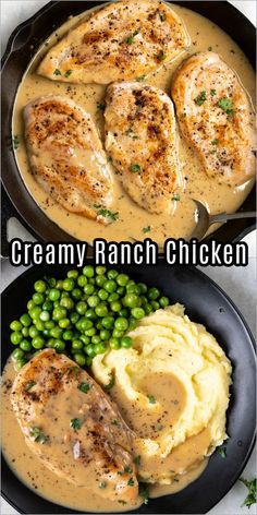 two plates with chicken, mashed potatoes and peas