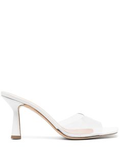 optical white calf leather smooth grain transparent strap branded insole square toe slip-on style mid heel Classic White Sandals With Sculpted Heel, Formal Leather Sandals With Translucent Outsole, White Heels With Translucent Outsole For Spring, Elegant White Square Toe Heels, White Open Toe Classic Mules, White Mules With Reinforced Heel For Spring, White Slip-on Mules With Padded Heel, White Open Toe Mules With Reinforced Heel, Modern White Mules With Padded Heel