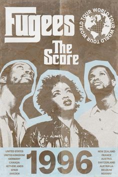 the poster for fugee's the score, featuring two men and one woman