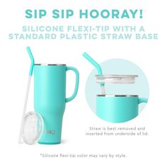 the sip sip hooray travel mug is shown with its lid open and straw in it