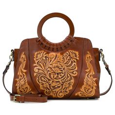 Patricia Nash Lyon Leather Satchel Crossbody  Lend opulent elegance to your look with this gorgeous crossbody that is crafted in gorgeous cavo-tooled, colorblocked leather. With pretty round handles, an adjustable/detachable shoulder strap and a spacious interior, it meets the needs of any occasion. Leather Hand Tooled Crossbody Satchel, Luxury Hand Tooled Leather Satchel, Luxury Hand Tooled Shoulder Satchel, Luxury Brown Hand Tooled Shoulder Bag, Luxury Brown Hand Tooled Satchel, Fuchsia Color, Pig Skin, Strap Tops, Leather Satchel