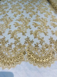 Gold Lace - Floral Lace Fabric, Embroidery With Sequins on a Mesh Lace Fabric By The Yard For Gown, Wedding-Bridal (Choose The Quantity) Embroidery With Sequins, Floral Lace Fabric, Bridesmaid Gowns, Gowns Bridesmaid, Event Decorations, Embroidered Lace Fabric, Fabric Embroidery, Gowns Wedding, Flower Embroidery Designs