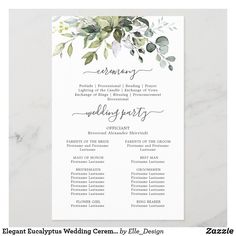 an elegant wedding program with greenery on it