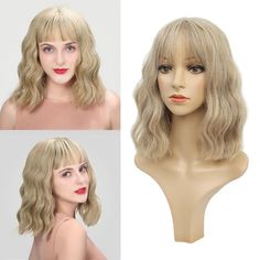 Women&apos;s Wig Small Curly Wavy Full Gold White Hair Cosplay Synthetic Ladies Wigs Ladies Wigs, Wig Bangs, Platinum Blonde, Stylish Hair, Womens Wigs, White Hair